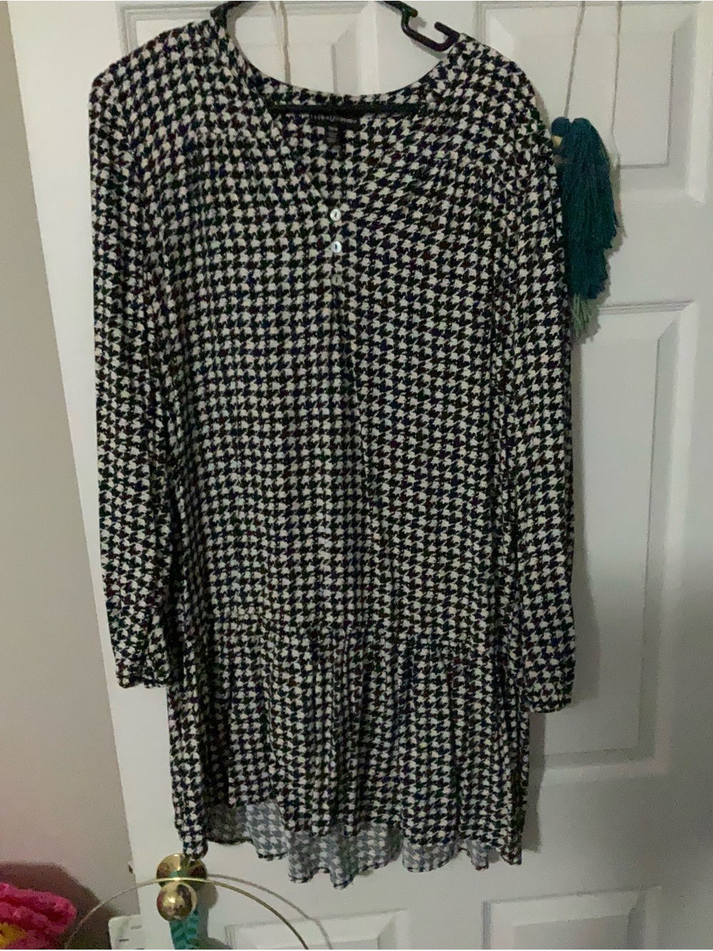 Tribal Black & White Houndstooth Long Sleeve Dress